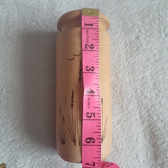 MCM Solid Wood Vase Burnt Engraved Wheat and Birds - Picture 8 of 9